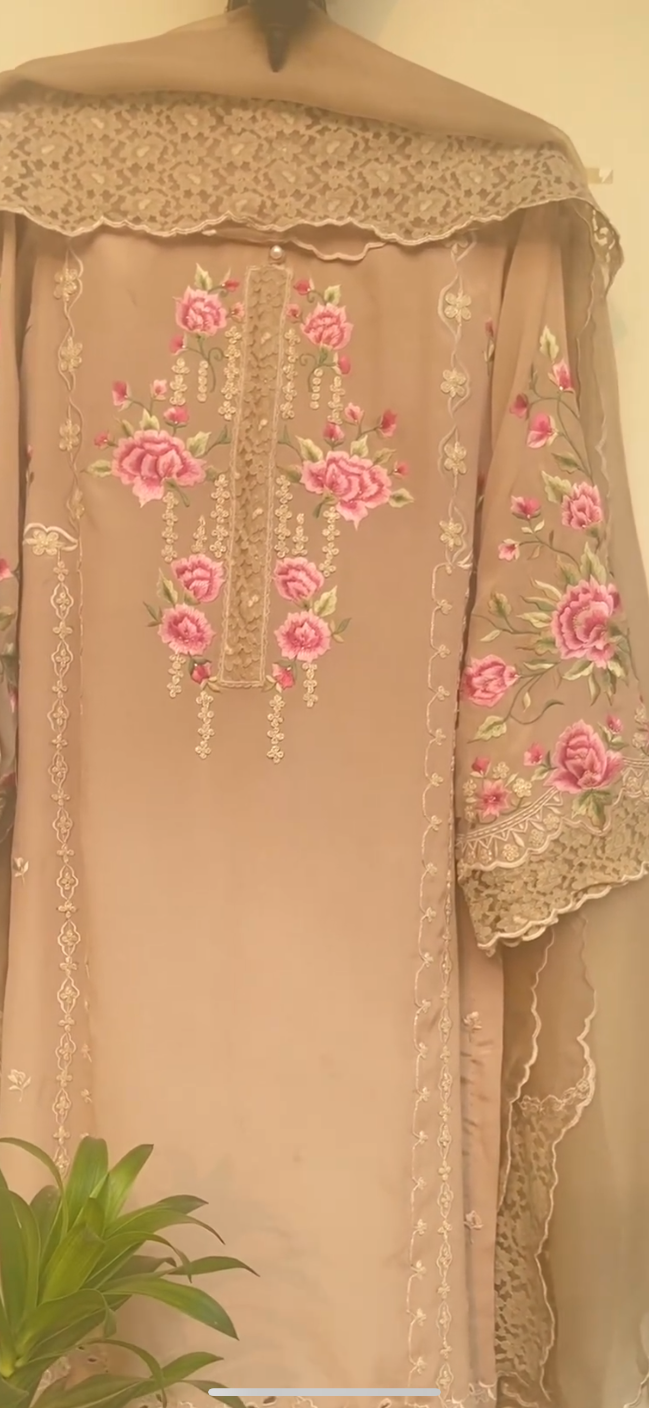 Atharva Heritage Beige Elegance in every stitch: Embrace the timeless beauty of Pure Georgette Parsi Gara suit paired with a delicate Georgette Lace Designer Dupatta." GE0057 Beige