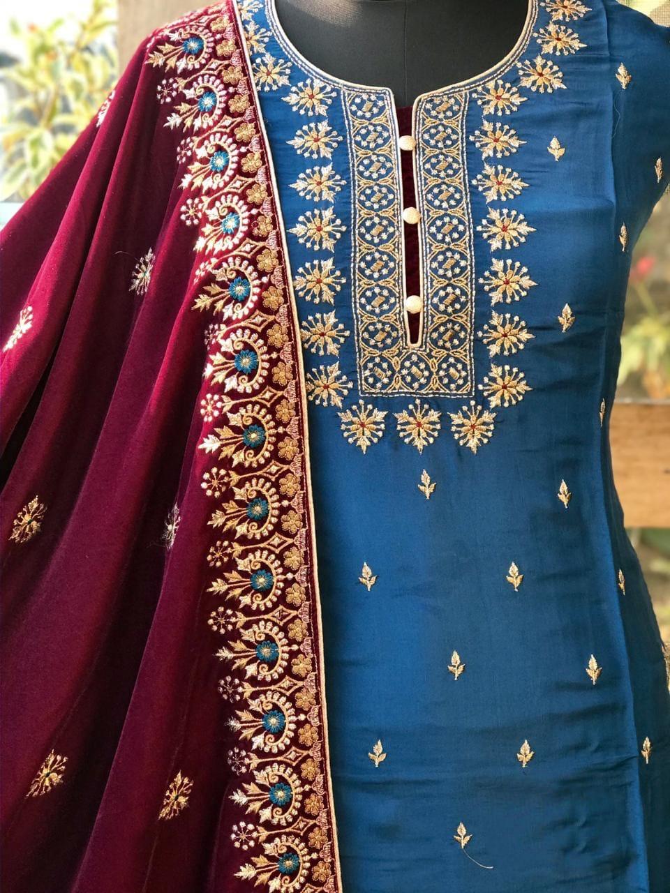 Atharva Heritage/Kashmiri Embroidered The Winter silk kurta with Velvet dupatta 2024 Edits EM1035