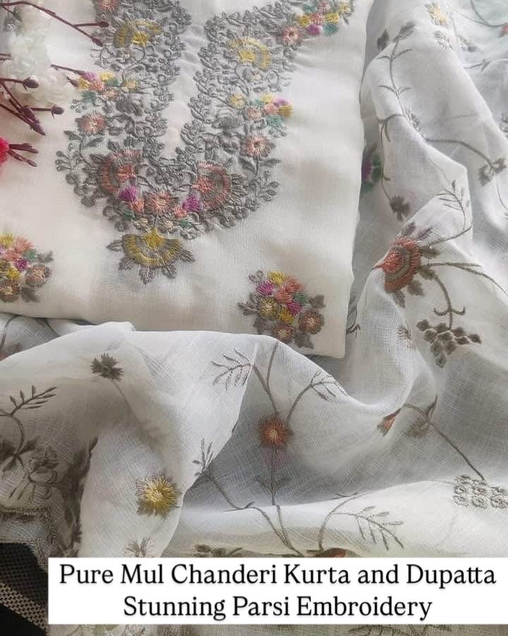 PURE MUL CHANDERI kurta AND Dupatta PARSI GARA with STUNNING ZARI DETAILING UNSTITCHED SUIT CH54235 Ivory