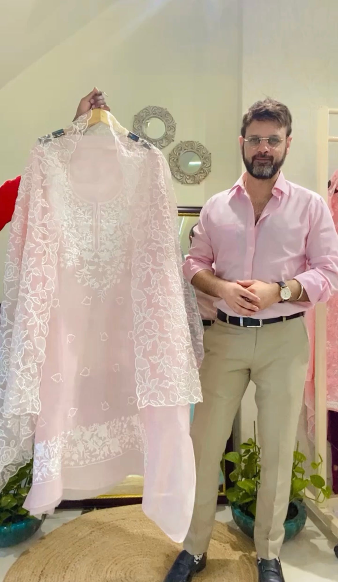 SHEER LUXURY PURE SILK ORGANZA PARSI APPLIQUE SUIT SHEER0030(F)Powder pink