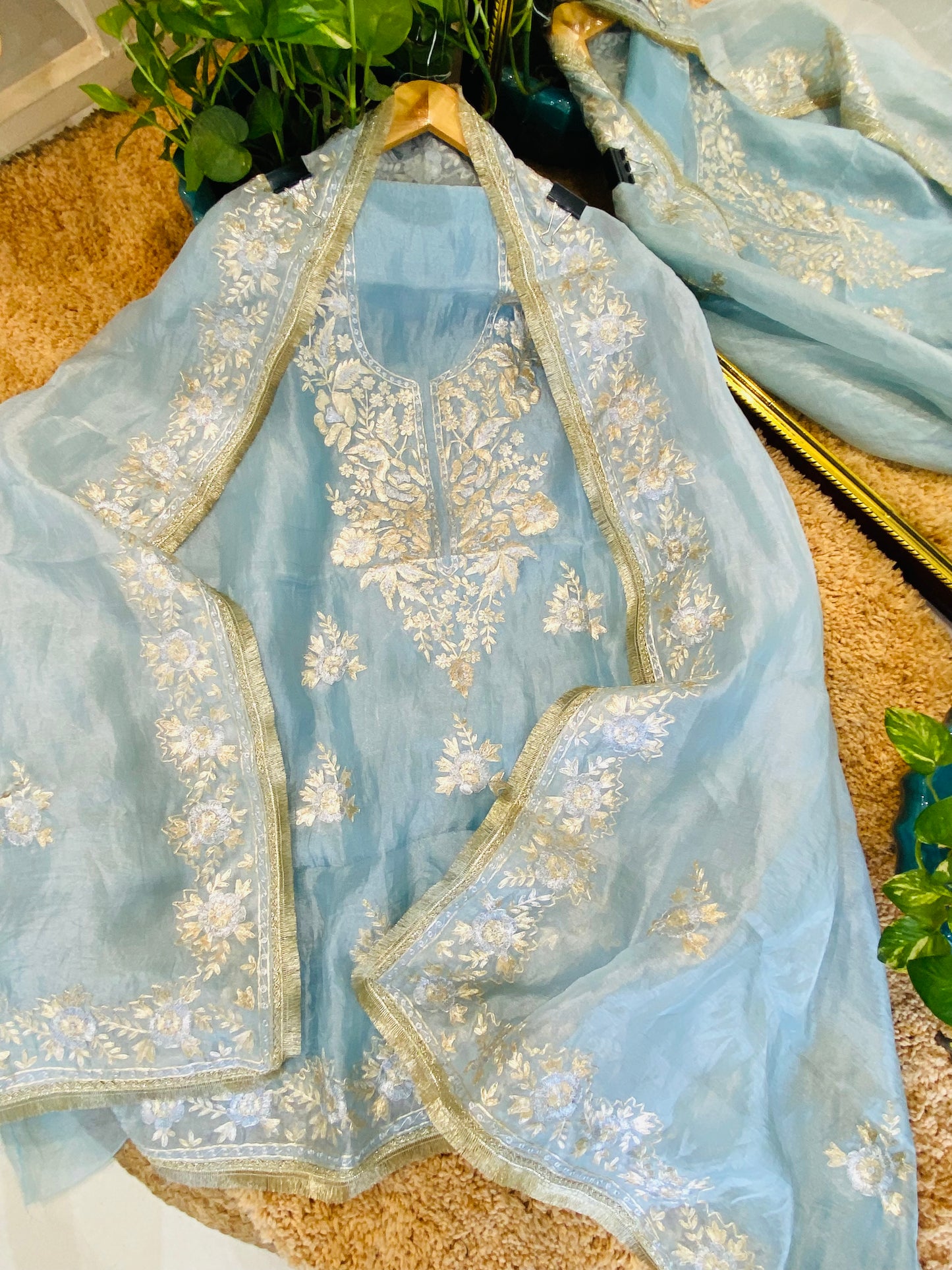 Husn ICE BLUE DAIMOND TISSUE INTRICATELY HAND WOVEN /MAHARANI LUXURY TISSUE SILK SUIT MTC009(Blue)