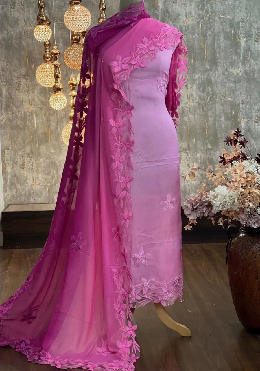 ATHARVA Hand Embroidery Salwar Kameez/Georgeete Cut-Work/Applique Shirt & Dupatta/Santoon Bottom/Custom Stitch Unstitch/Plazo/Pant/ CUT8045