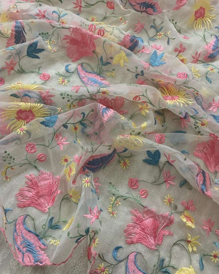 PURE CHANDERI Silk 70 Grams kurta /Pure Silk Organza Dupatta PARSI GARA UNSTITCHED SUIT CH54230