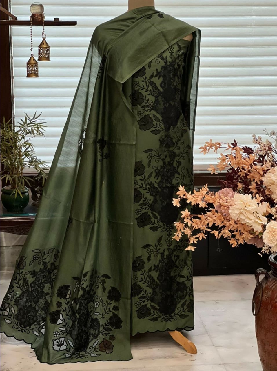 ATHARVA Hand Applique /Cutwork Embroidery Salwar Kameez/pure Chanderi Silk Shirt & Dupatta/Santoon Bottom/Custom Stitch Unstitch/Plazo/Pant/ CUT8074