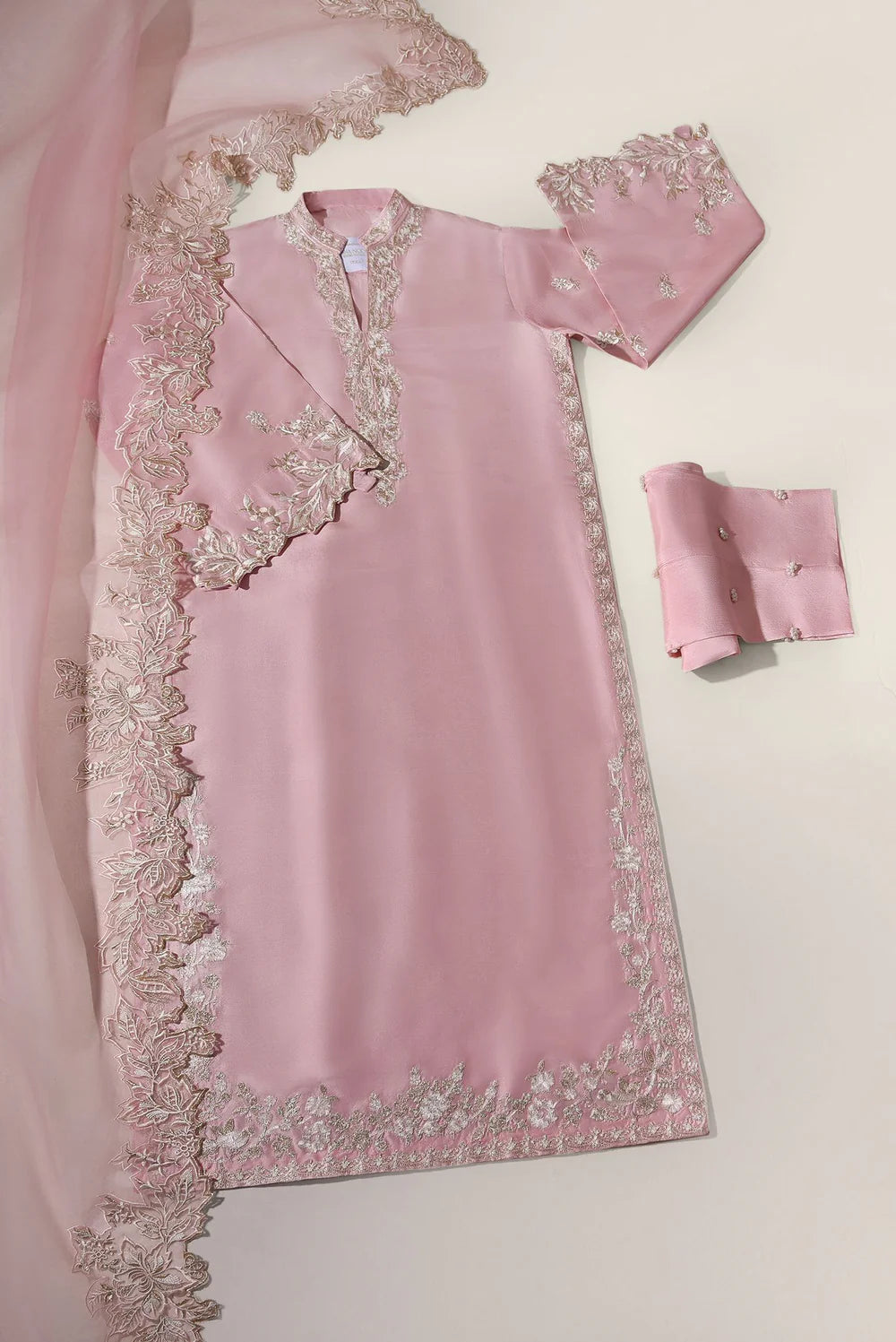 "Enchanting Elegance: Pure Silk Pakistani Suits Adorned with Exquisite Parsi Embroidery MS003 Powder Pink