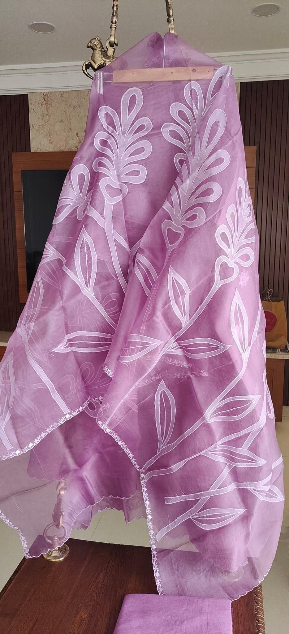 Atharva Heritage/SHEER LUXURY PURE SILK ORGANZA APPLIQUE SUIT SHEER0011LAVENDER