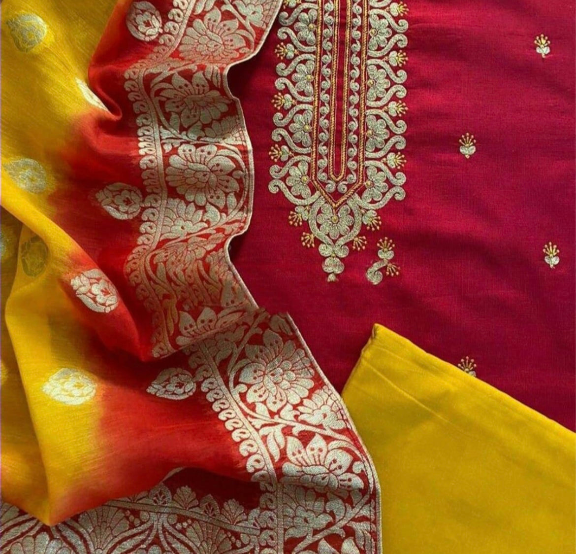 ATHARVA Embroidery Salwar Kameez w/pure Chanderi Silk Embroidery Neck Reds w/Banarsi Silk Dupatta/Custom Stitch/Tunic/Patiala/Churridar/SA2001