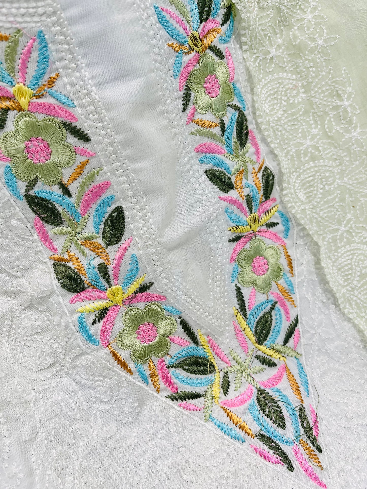 Atharva Embroidered Mulmul Cotton Salwar Kameez/Chikankari Embroidered Mul Cotton Dupatta Mint Green /Cotton Embroidery Shirt White Chikankari/Cotton Bottom- MCK006(B)
