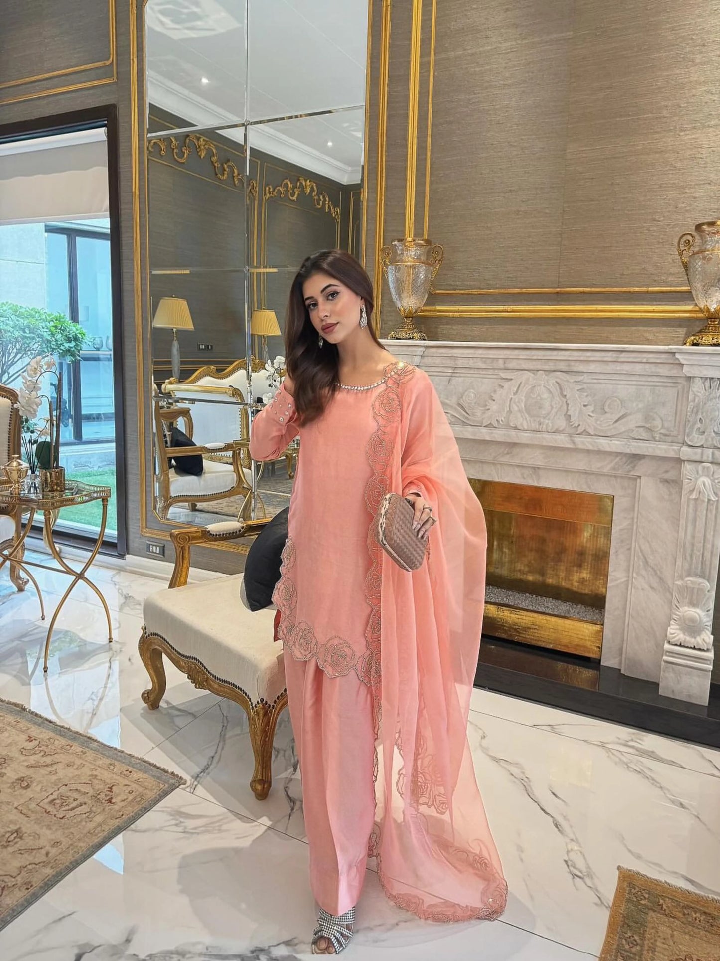 Atharva Luxe – Pure Silk Luxury Farshi Salwar Suit with Handcrafted Ghera Sleeves & Organza Dupatta PSH0068-PP