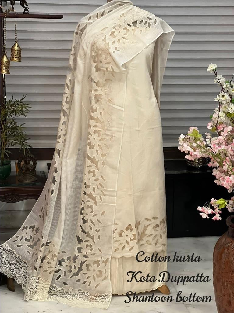 ATHARVA Hand Embroidery Salwar Kameez/PURE COTTON Cut-Work/Applique Shirt & BOTTOM/PURE KOTA DORIA DUPATTA/Custom Stitch Unstitch/Plazo/Pant/ CUT8049 OFF WHITE