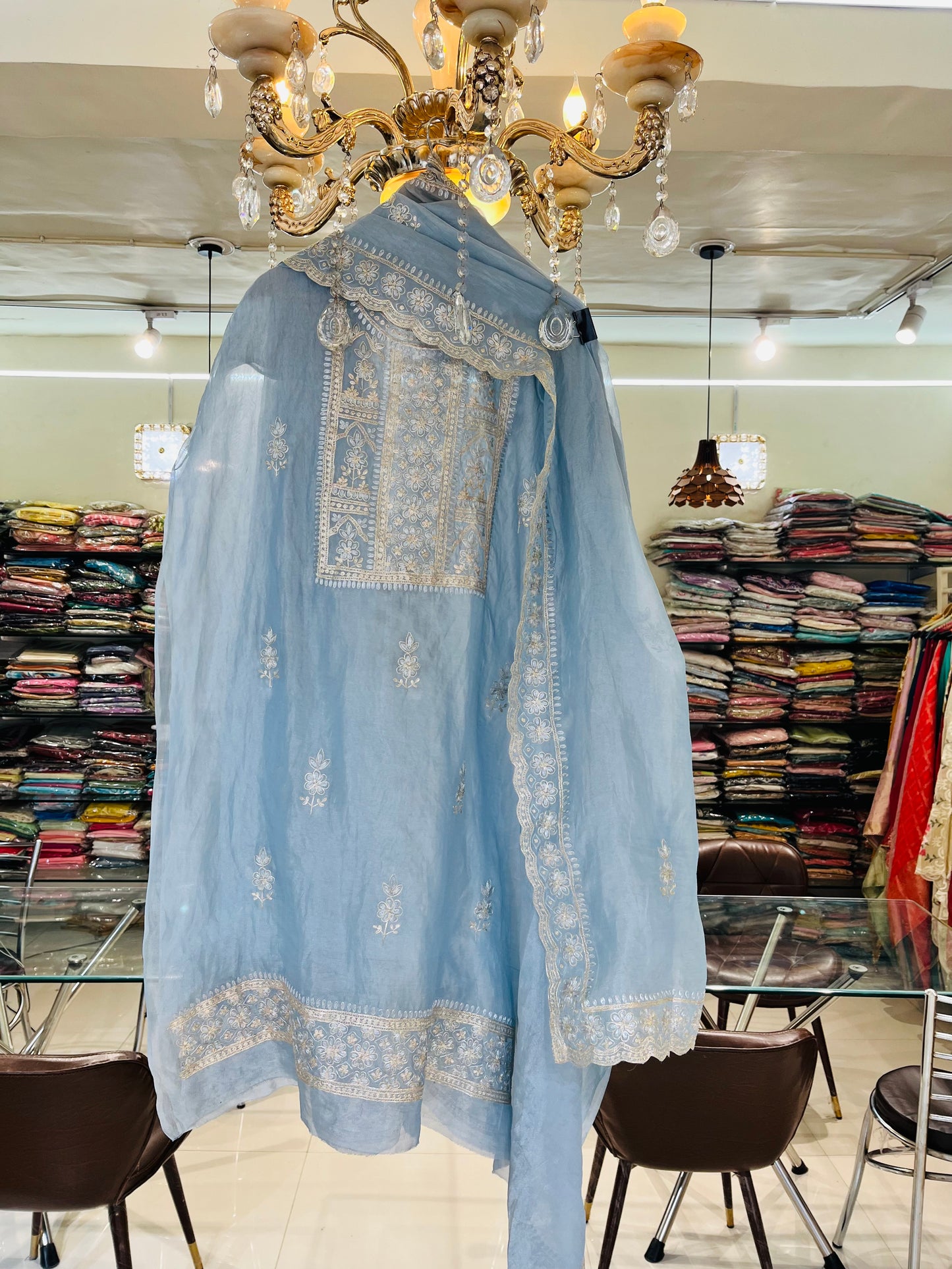 Husn ICE BLUE Handwoven TISSUE INTRICATELY HAND WOVEN /MAHARANI LUXURY TISSUE SILK SUIT MTC0025(Blue)