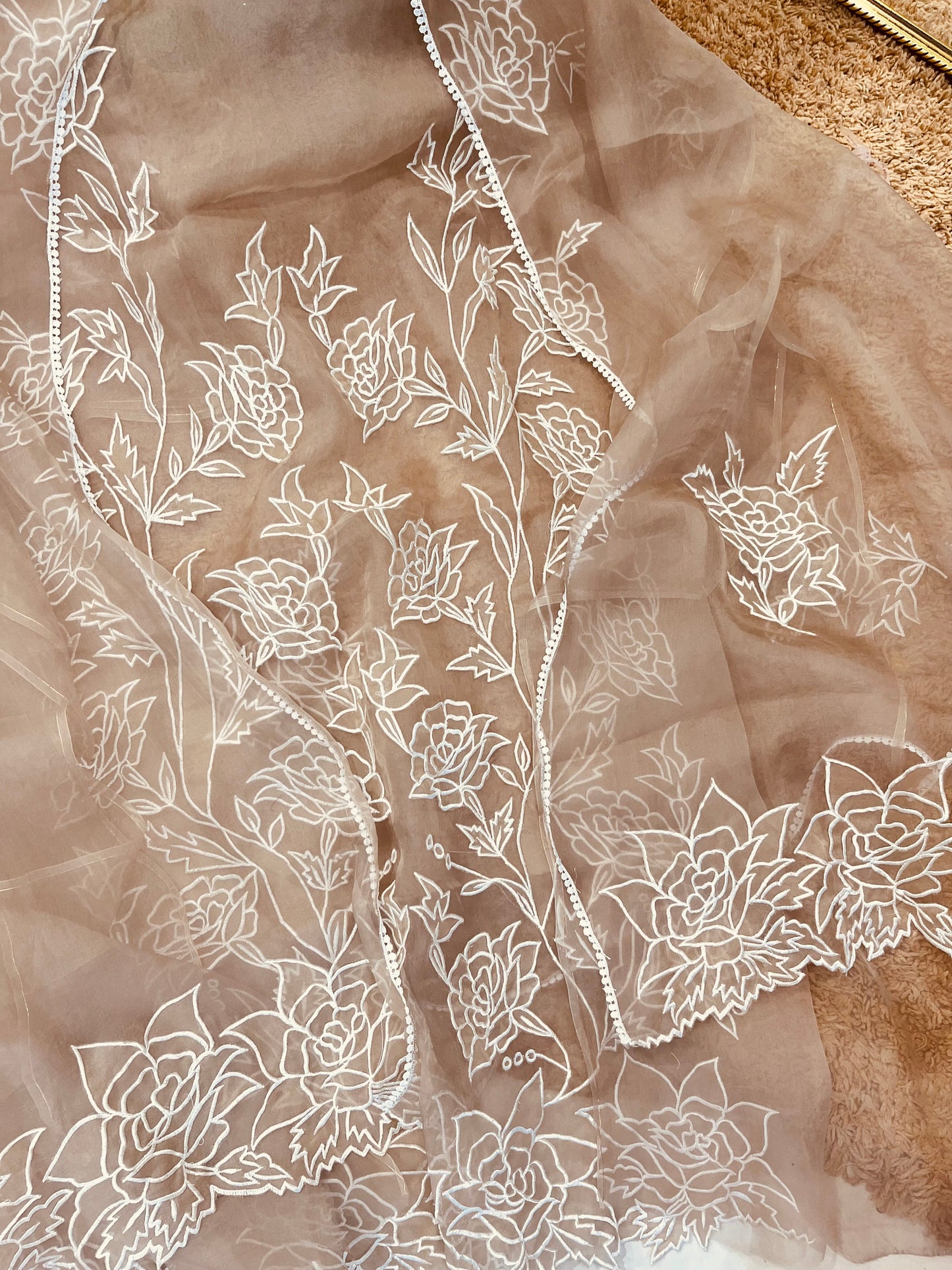 Atharva Heritage SHEER LUXURY PURE SILK ORGANZA APPLIQUE Unstitched SUIT SHEER001(Brown)