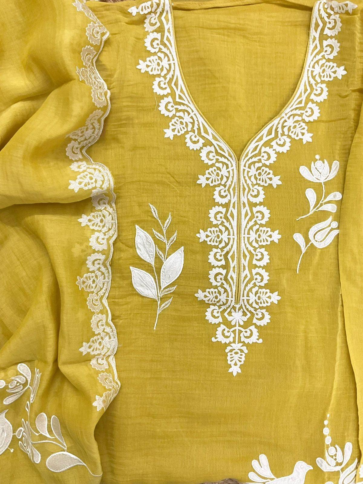 Atharva Heritage/Pure Mul Chanderi Shirt & Dupatta/French Thread Embroidery With Hand Applique /Cotton Silk Bottom/CUT80369 Yellow