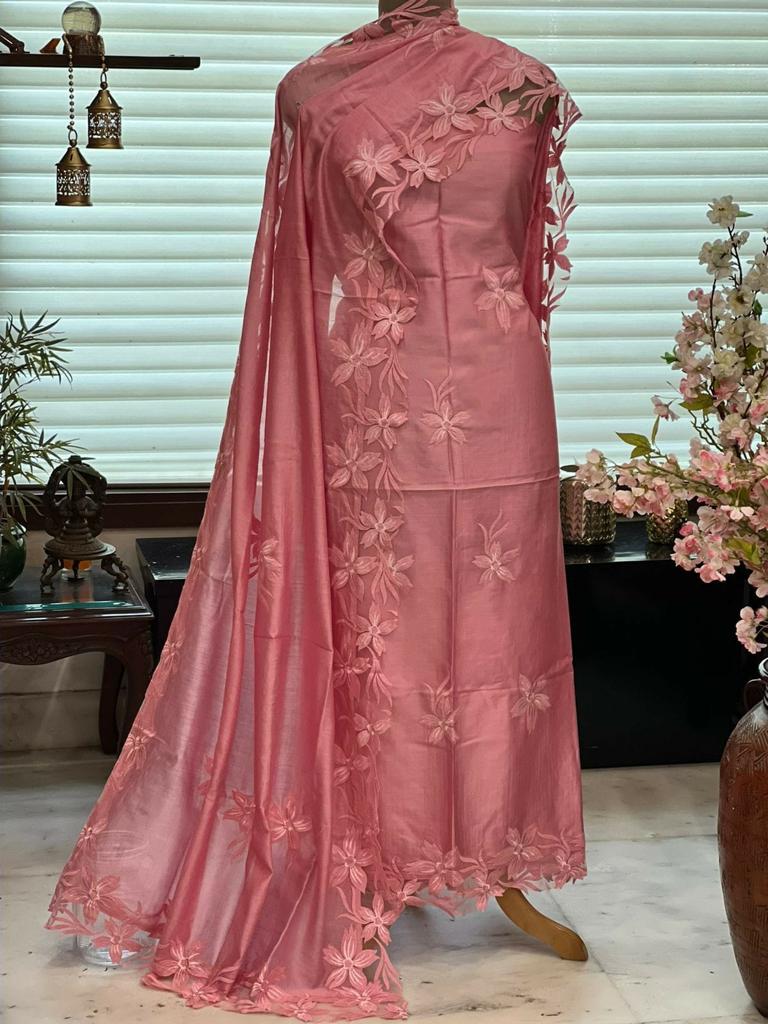 ATHARVA Hand Embroidery Salwar Kameez/Chanderi Appliqué -Work Shirt & Dupatta/Santoon Bottom/Custom Stitch Unstitch/Plazo/Pant/CUT8030