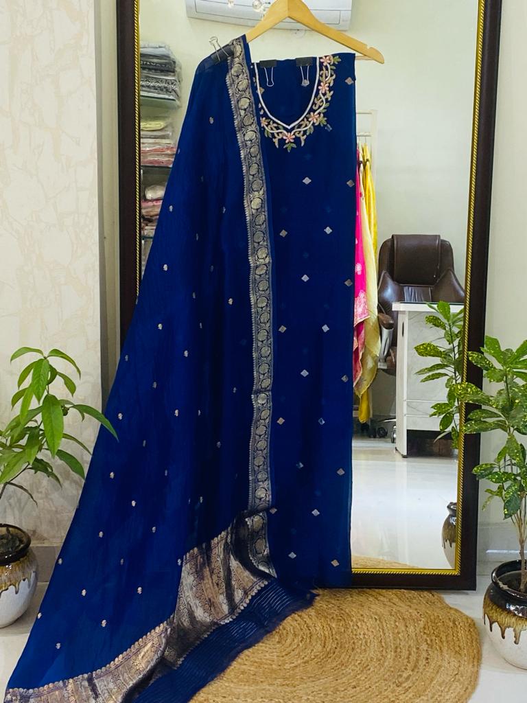 Husn Electric Blue kora silk hand embroidered suit set KS001