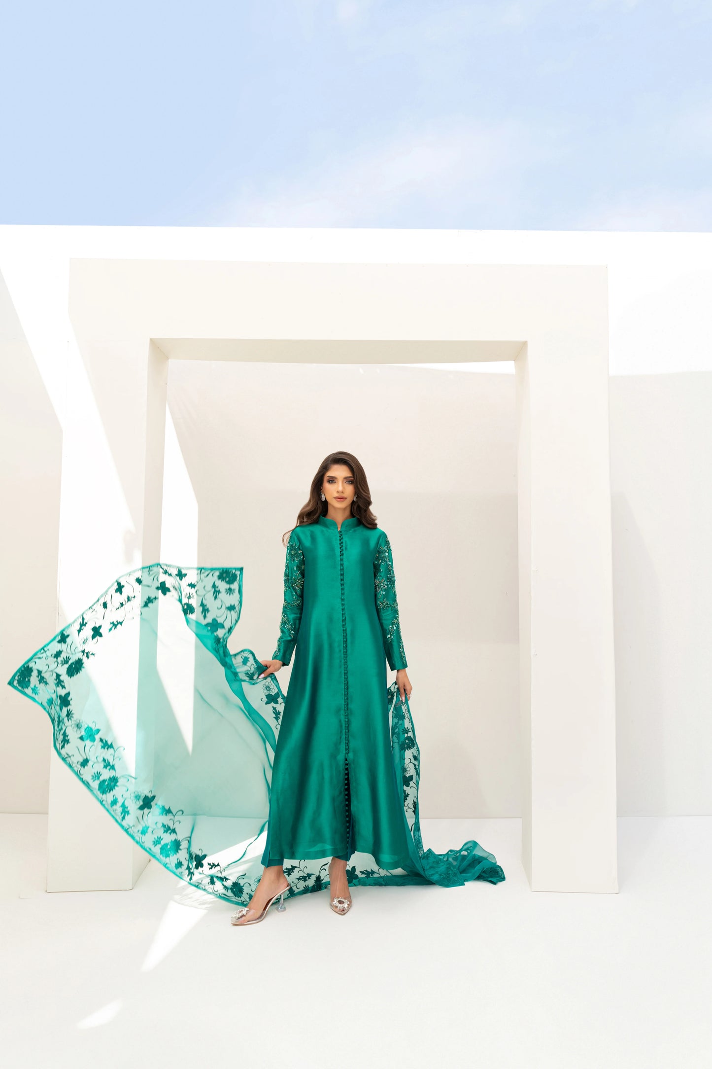 Enchanting Elegance: Pure Satin Silk 80 Grams Pakistani jacket Suits Adorned with Exquisite Hand embroidered Embroidery CO005