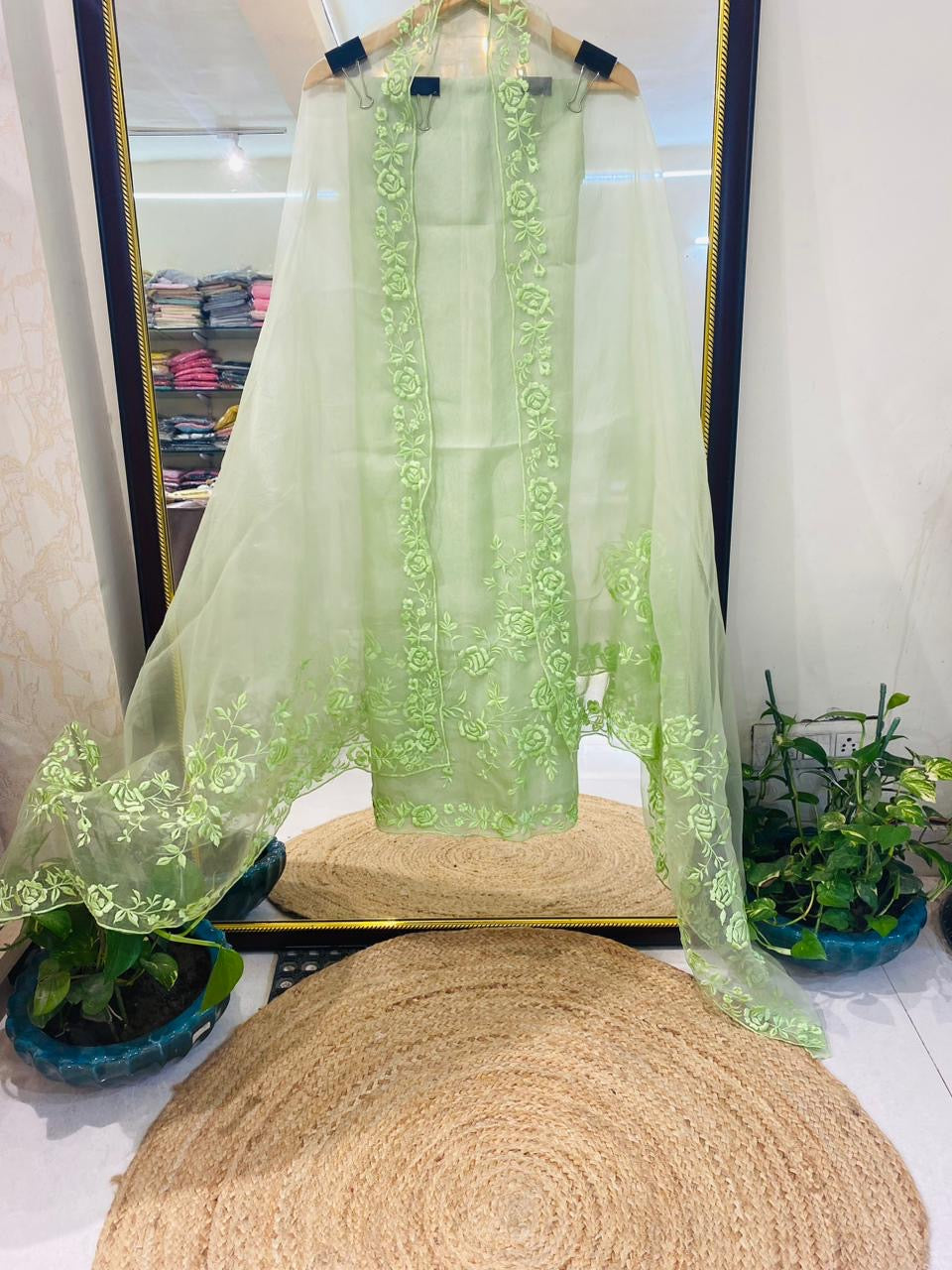 SHEER LUXURY Pure Silk Organza French Thread Embroidery SUIT SHEER007P Pastel Pear Color