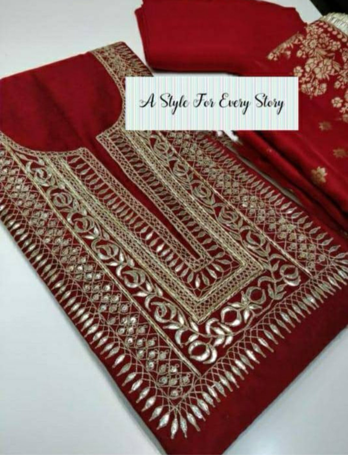 ATHARVA Hand Embroidered Salwar Kameez w/ Embroidered Neck Reds/Banarsi Silk Dupatta/Bridal/Wedding/Custom Stitch/ CH1278