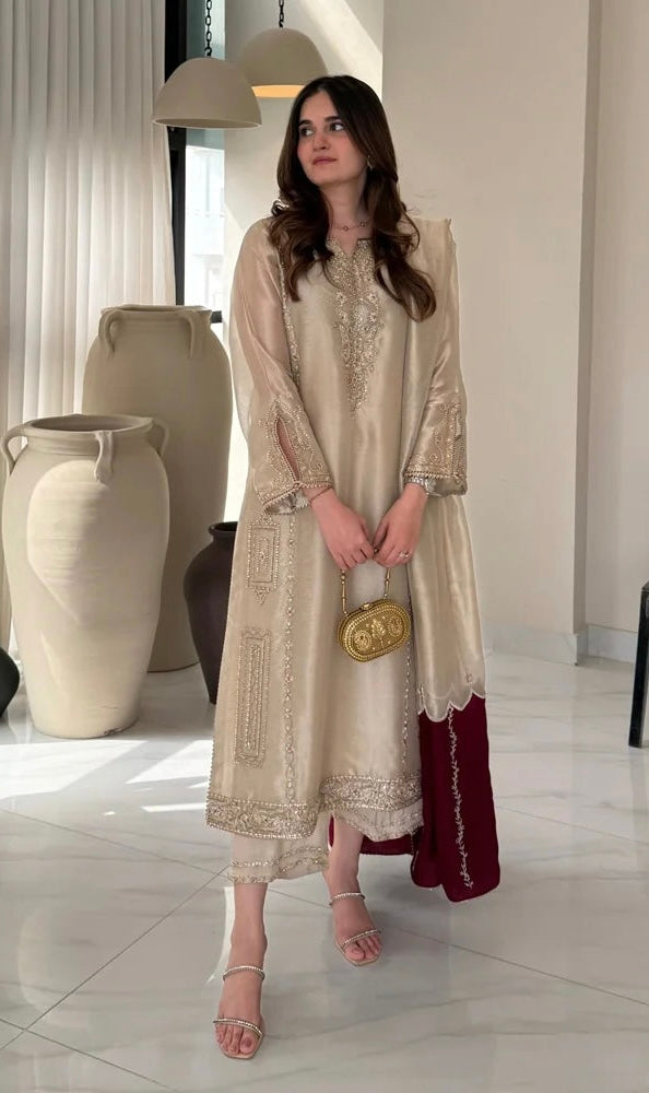 Pure Handwoven 80g Tissue Silk Pakistani Suit – Water Gold Elegance (Custom Stitched & Unstitched)