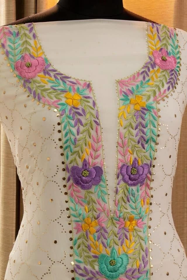 Ivory Mukais Kamdani Hand Parsi Neckline Suit CHG007
