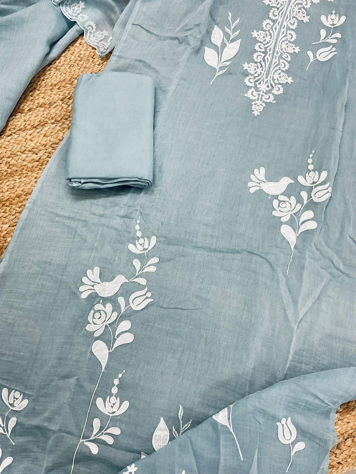 Atharva Heritage/Pure Mul Chanderi Shirt & Dupatta/French Thread Embroidery With Hand Applique /Cotton Silk Bottom/CUT80370 English Blue