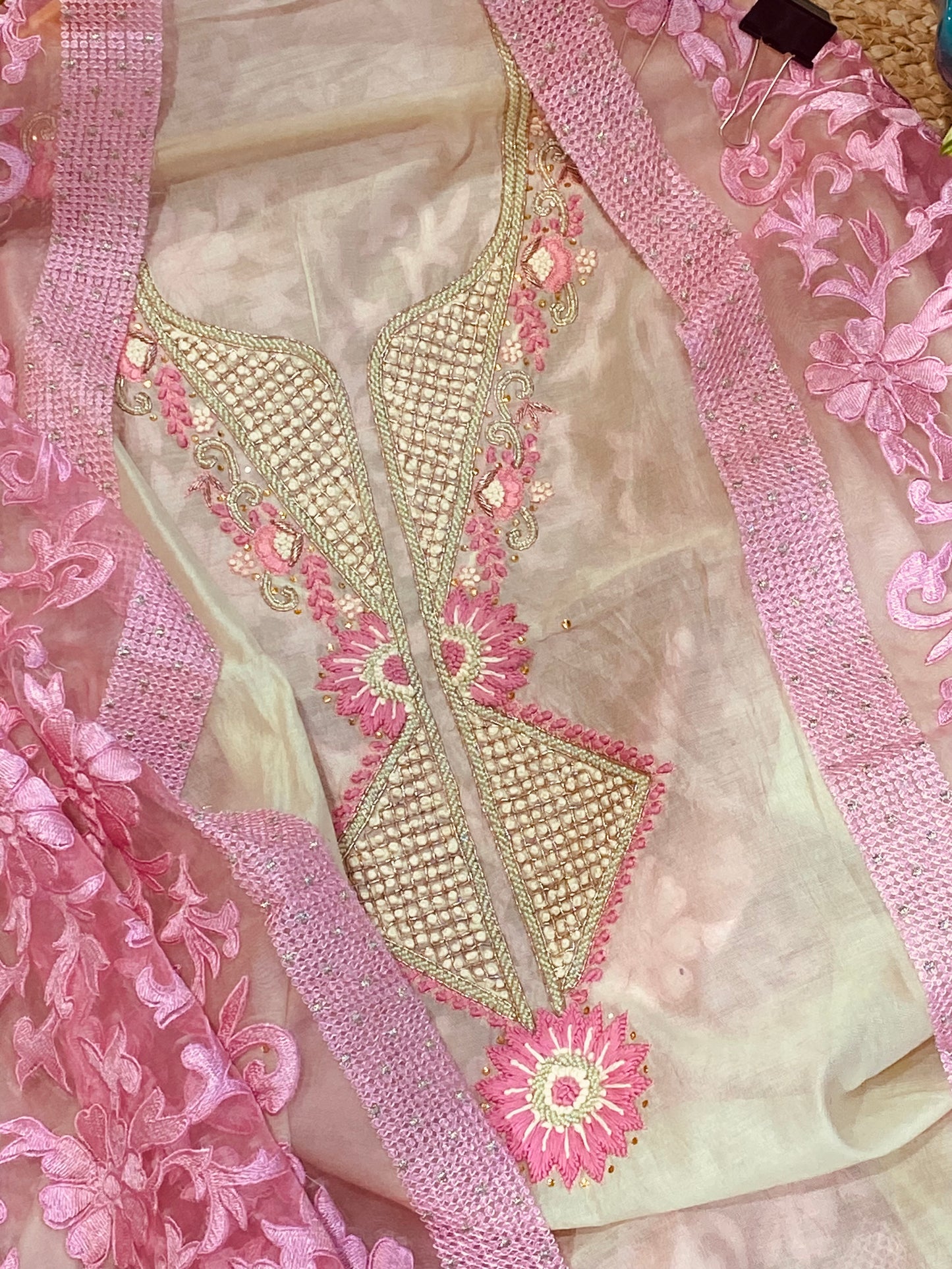 ATHARVA Hand Embroidered Salwar Kameez Chanderi Shirt/Lucknowi Silk Organza Dupatta/Custom Stitch Unstitch/Custom Anarkali/H18017GP
