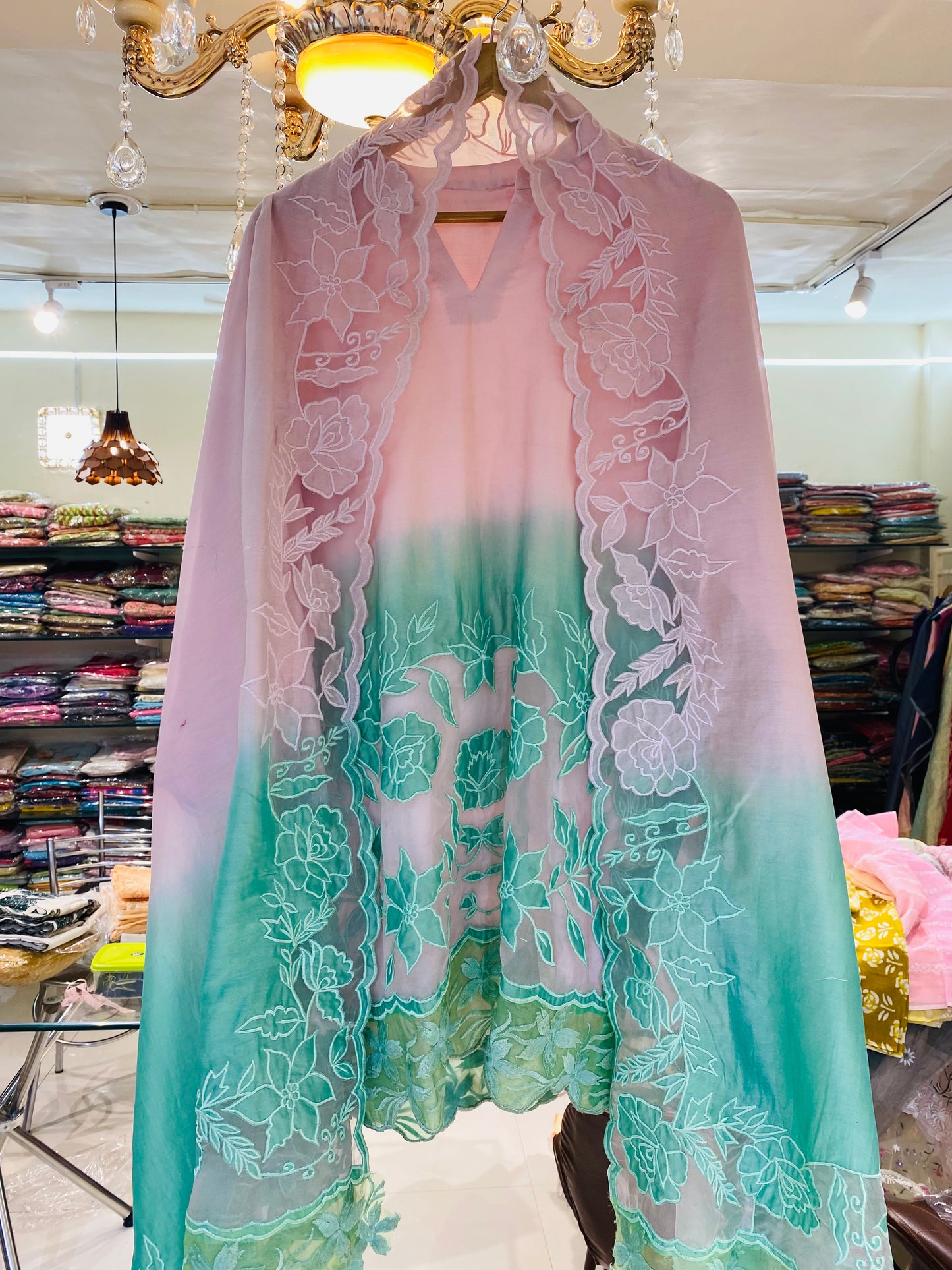 ATHARVA Stitched Applique Salwar Kameez/Chanderi Applique Shirt & Silk organza Dupatta/Santoon Bottom/Custom Stitch Unstitch/Plazo/Pant/CUT8123