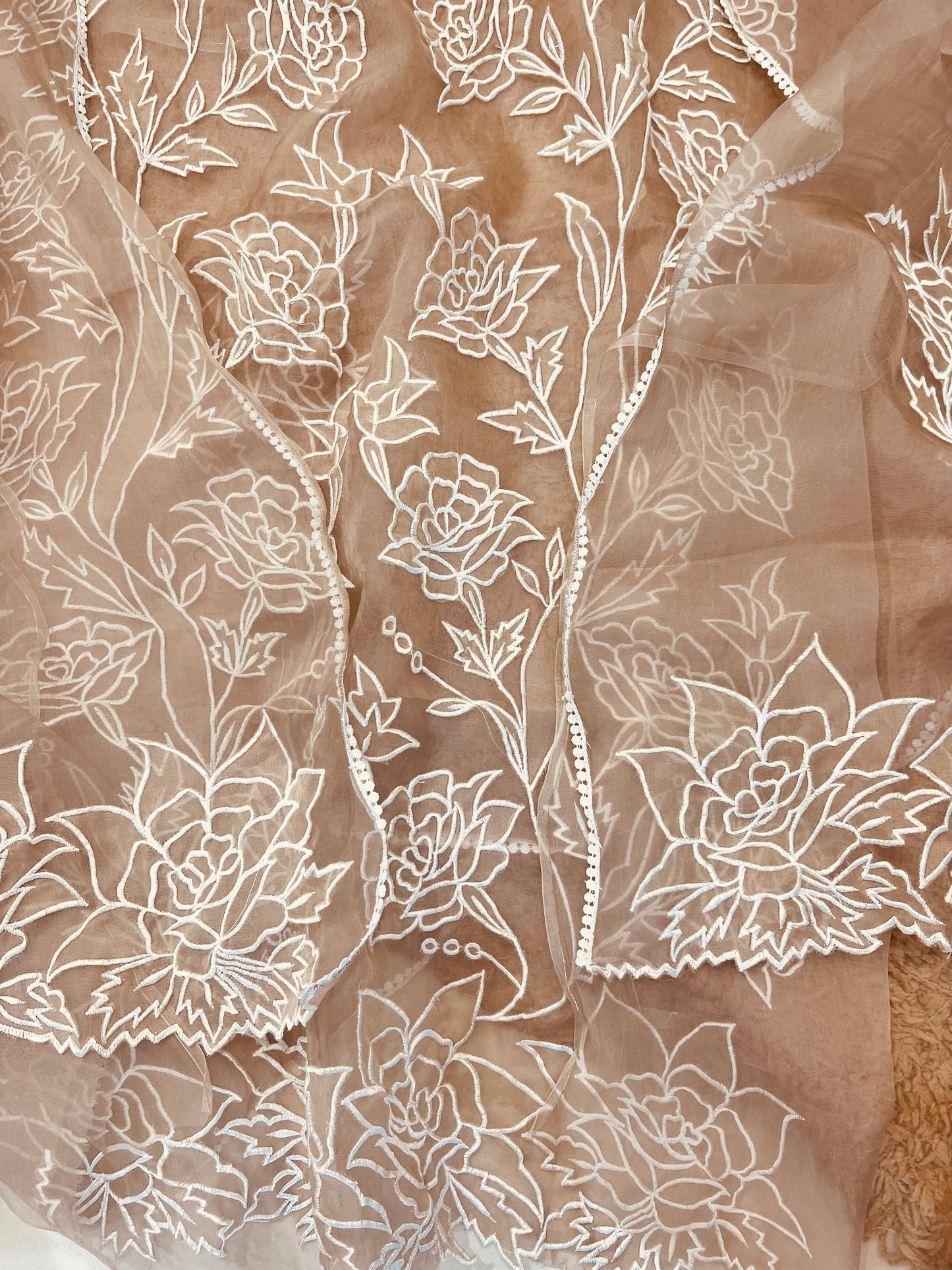 Atharva Heritage SHEER LUXURY PURE SILK ORGANZA APPLIQUE Unstitched SUIT SHEER001(Brown)
