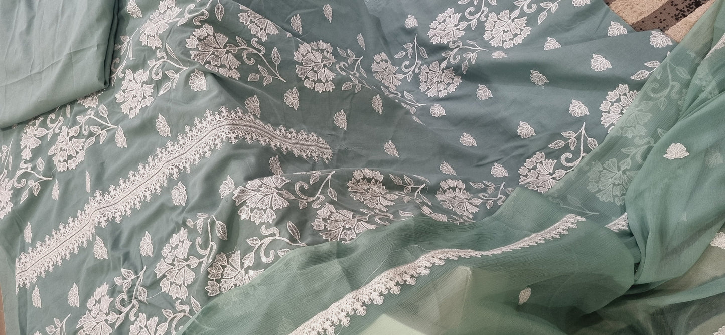 Atharva Heritage Pure Mul Chanderi Kurta/Pure Chiffon Dupatta / French Thread Embroidered SUIT CHO00161 Pista