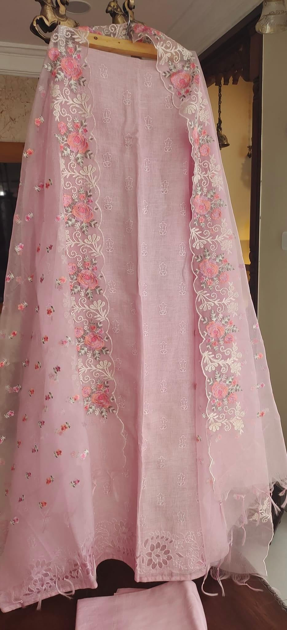 PURE CHANDERI SILK kurta AND ORGANZA Dupatta EDITS LC1701 Pink