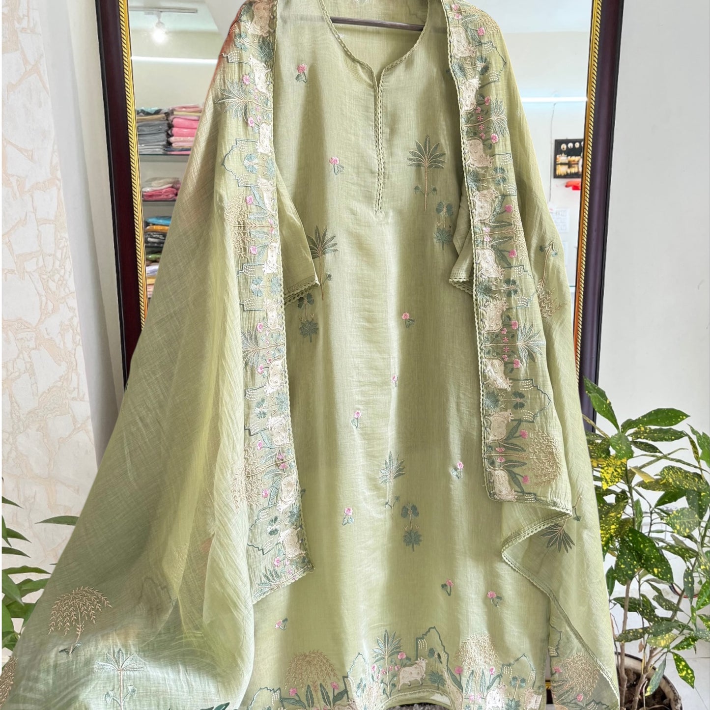 Atharva Frech Thread Pichwai motifs Embroidered Pure Mul Chanderi Hand woven edits MC70015PS Pista