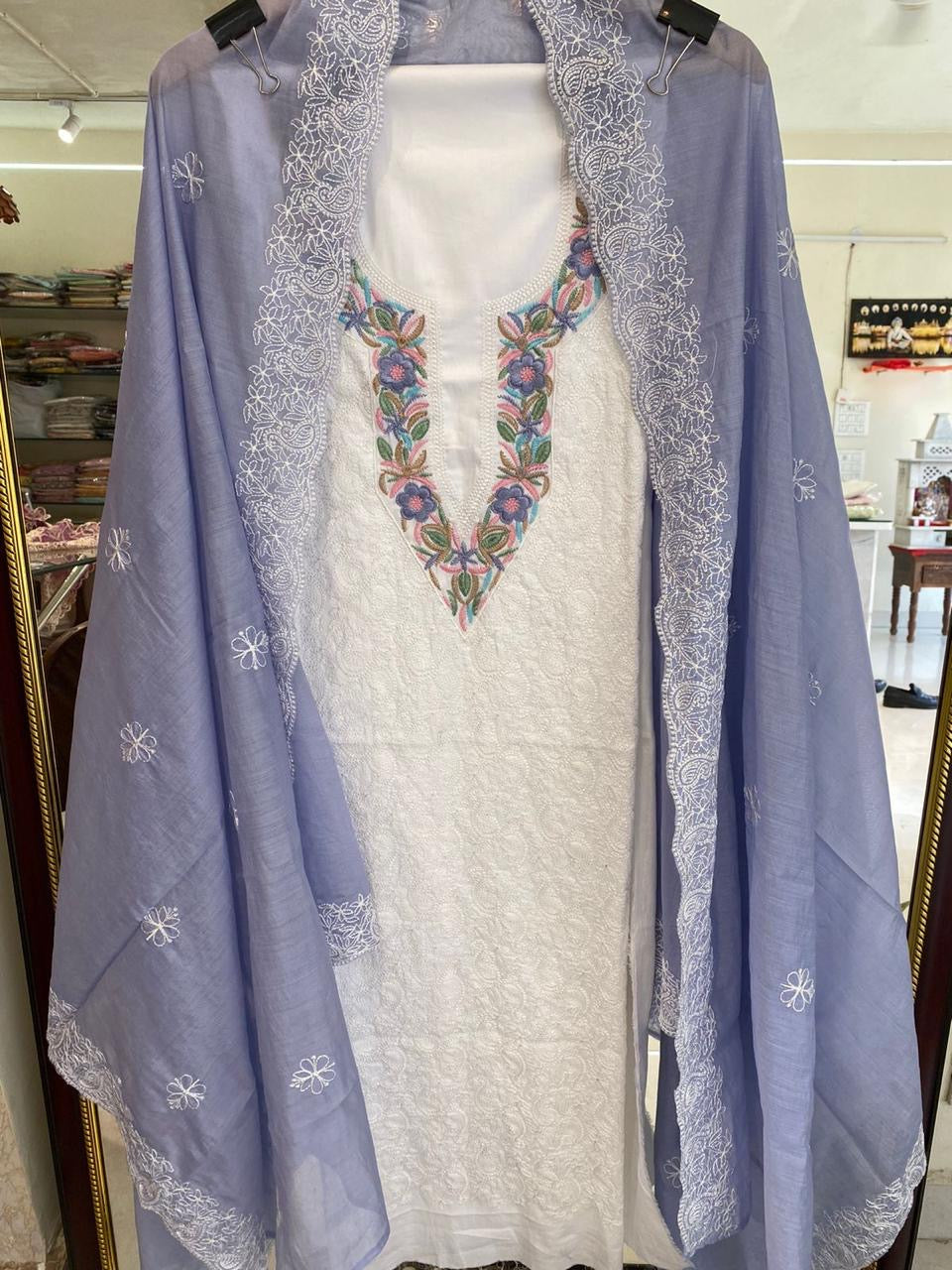 Atharva Embroidered Cotton Salwar Kameez/Tepchi Embroidered Mul Cotton Dupatta Lavender/Cotton Embroidery Shirt White Chikankari/Cotton Bottom- MCK006