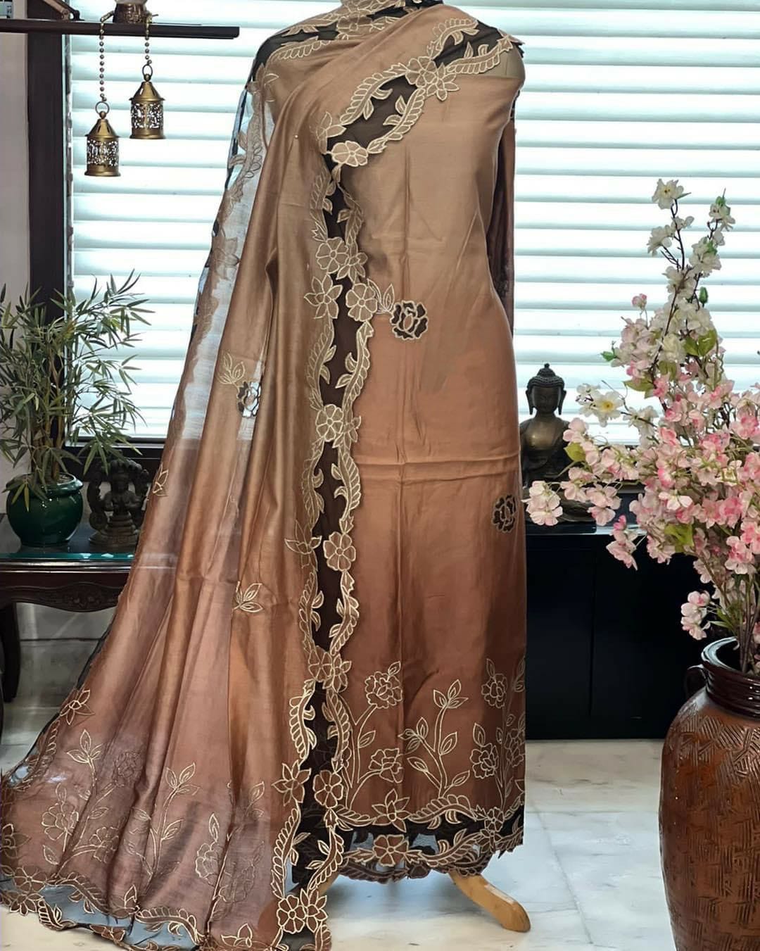 ATHARVA Hand Embroidery Salwar Kameez/Chanderi Cut-Work Shirt & Dupatta/Santoon Bottom/Custom Stitch Unstitch/Plazo/Pant/CUT8029