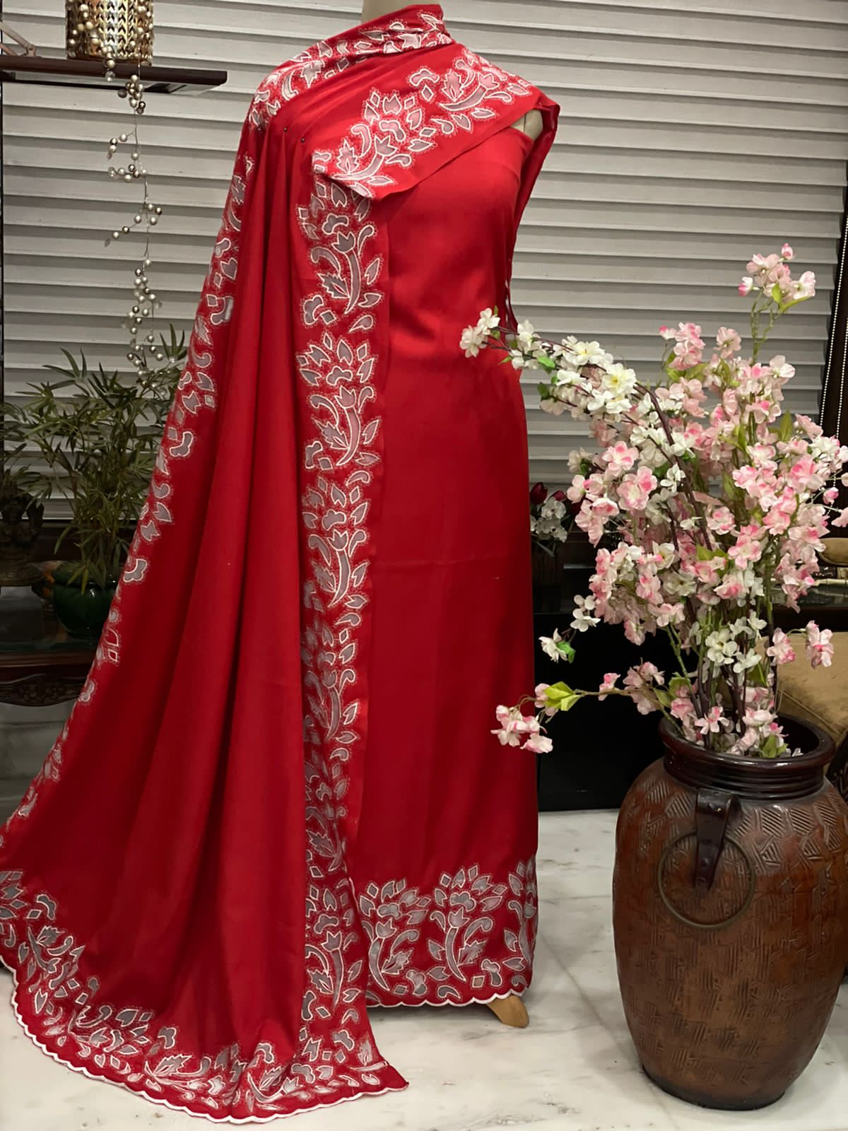 ATHARVA Hand Cutwork Salwar Kameez/PURE Mulmul Cut-Work/Applique Shirt & BOTTOM/PURE Mulmul DUPATTA/Custom Stitch Unstitch/Plazo/Pant/ CUT8057