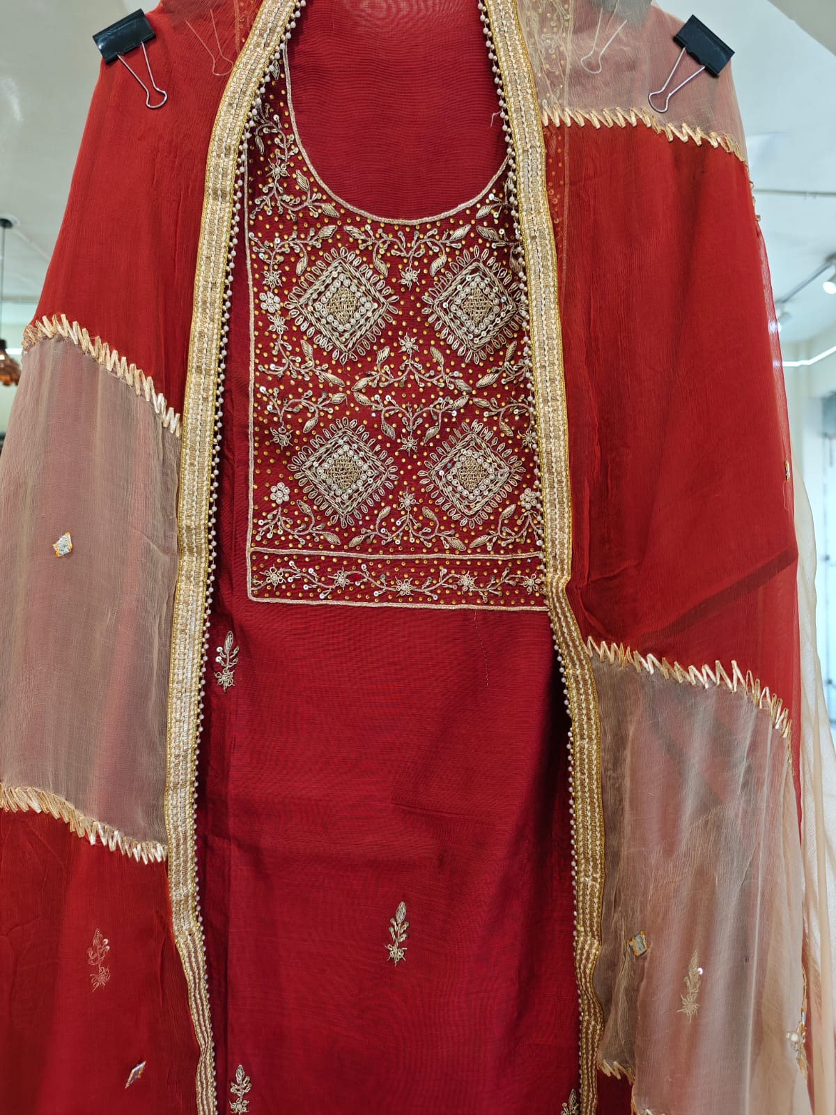 Atharva Embroidered Salwar Kameez w/Beautiful Embroidered Neck in Chanderi w/Chiffon Dupatta w/Stones And Gota Patti Border CH10491