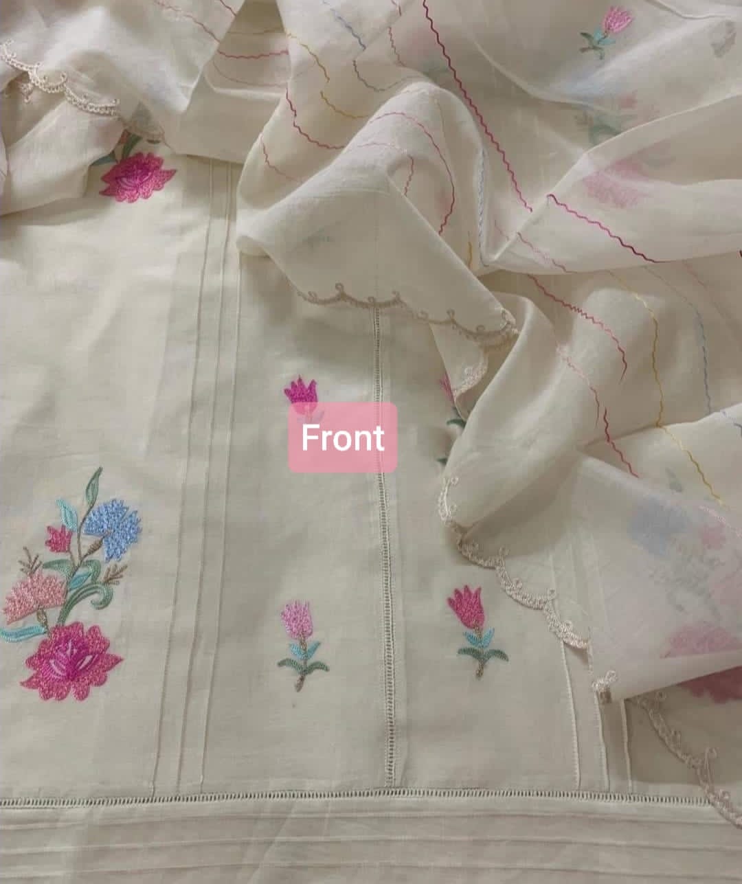 PURE CHANDERI SILK KASHMIRI AARI SUIT CH5439 Ivory