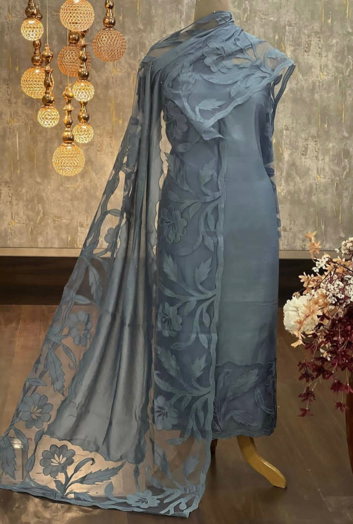 ATHARVA Cut-Work Embroidery Salwar Kameez/Grayish Blue & Brown Chanderi/Custom Stitch Unstitch/Anarkali/Plazzo/Churridar/Gift/Colors/CUT8037