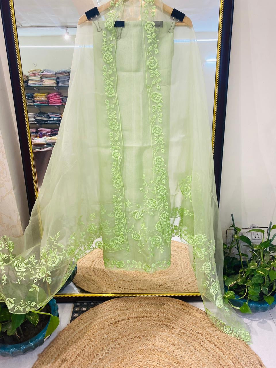 SHEER LUXURY Pure Silk Organza French Thread Embroidery SUIT SHEER007P Pastel Pear Color