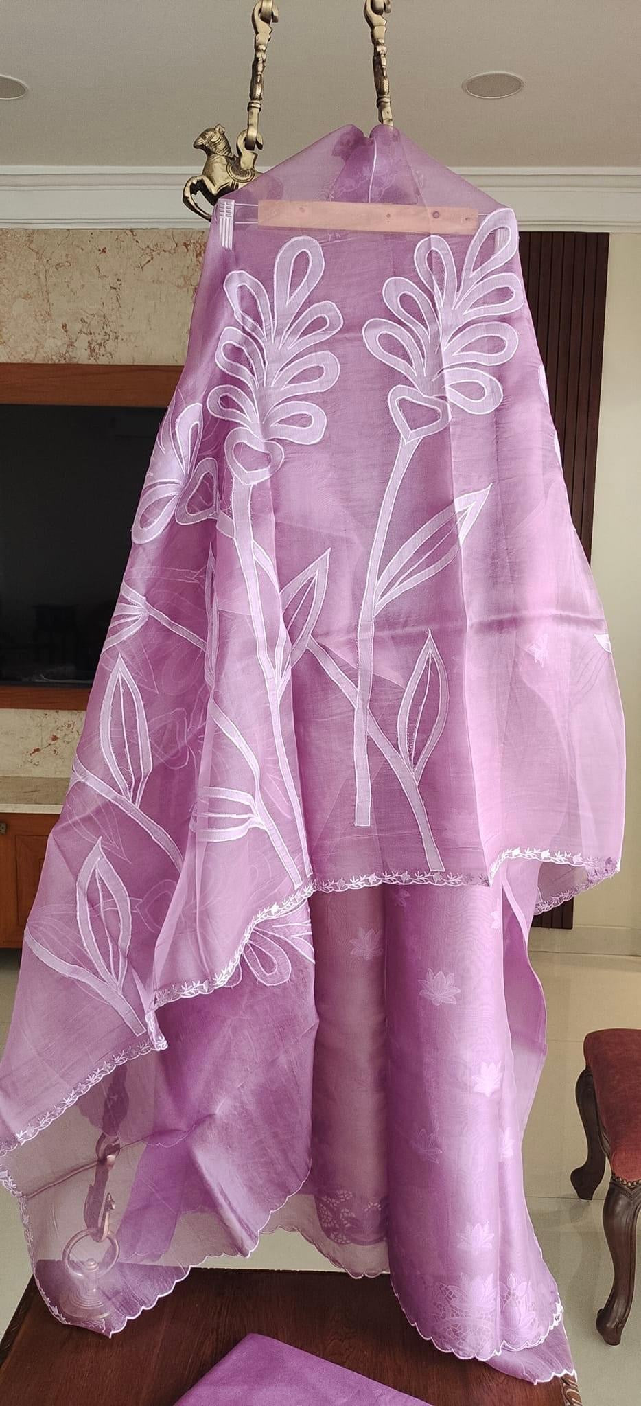 Atharva Heritage/SHEER LUXURY PURE SILK ORGANZA APPLIQUE SUIT SHEER0011LAVENDER