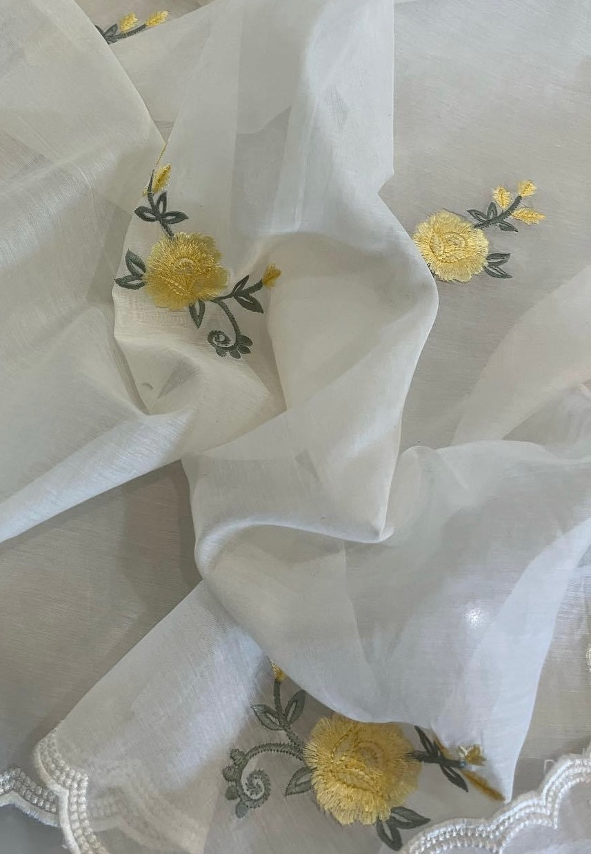 PURE CHANDER SILK 70 Grams Parsi Embroidered SUIT CH542877 Ivory n Yellow