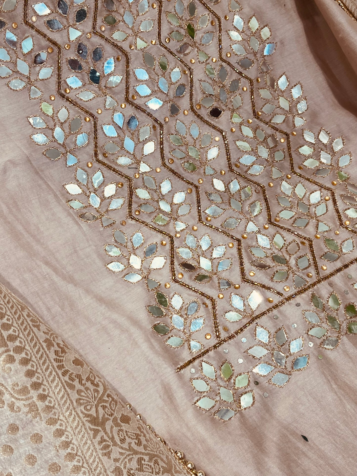 ATHARVA Hand Embroidered Salwar Kameez w/ Embroidered Neck Beige/Banarsi Silk Dupatta/Bridal/Wedding/Custom Stitch/ CH1295