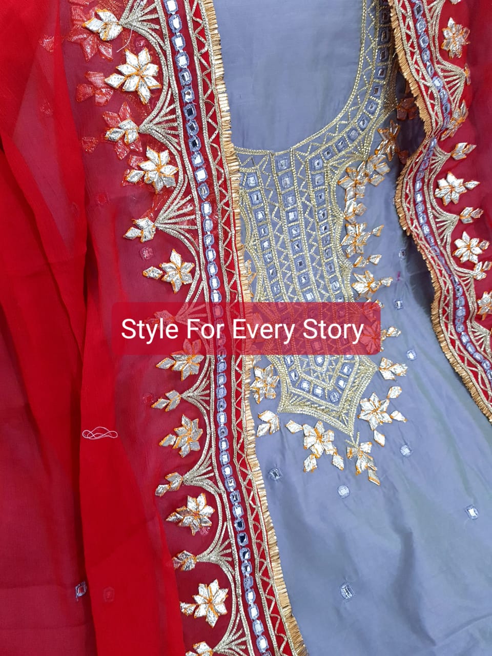 ATHARVA Hand Embroidered Salwar Kameez w/Bottle English Grey n Red Chanderi Shirt/Gota Pati Chiffon Dupatta/Custom Stitch Unstitch/Custom Anarkali/CH18012