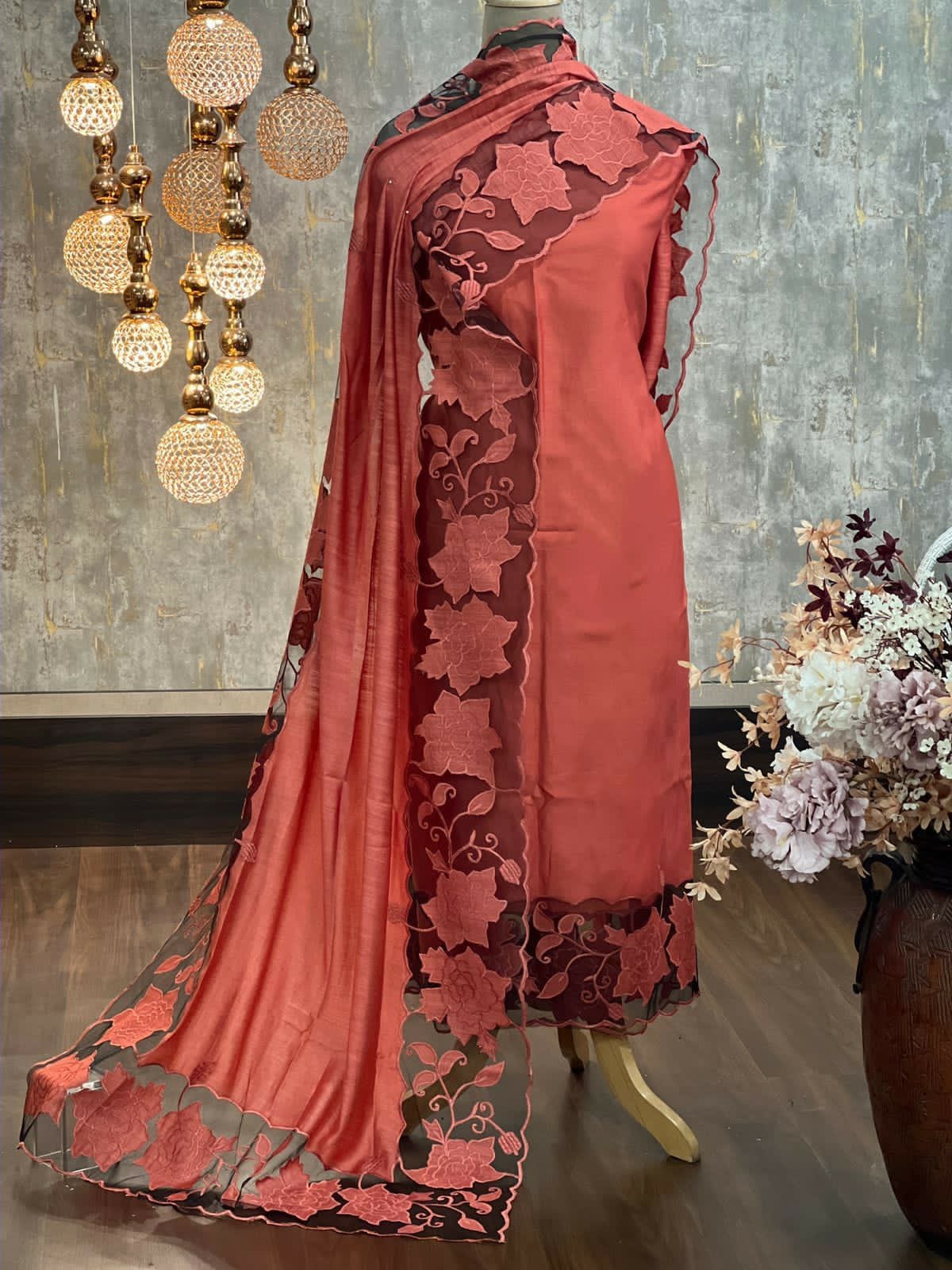 ATHARVA Hand Embroidery Salwar Kameez/Chanderi Cut-Work Shirt & Dupatta/Santoon Bottom/Custom Stitch Unstitch/Plazo/Pant/ CUT8021