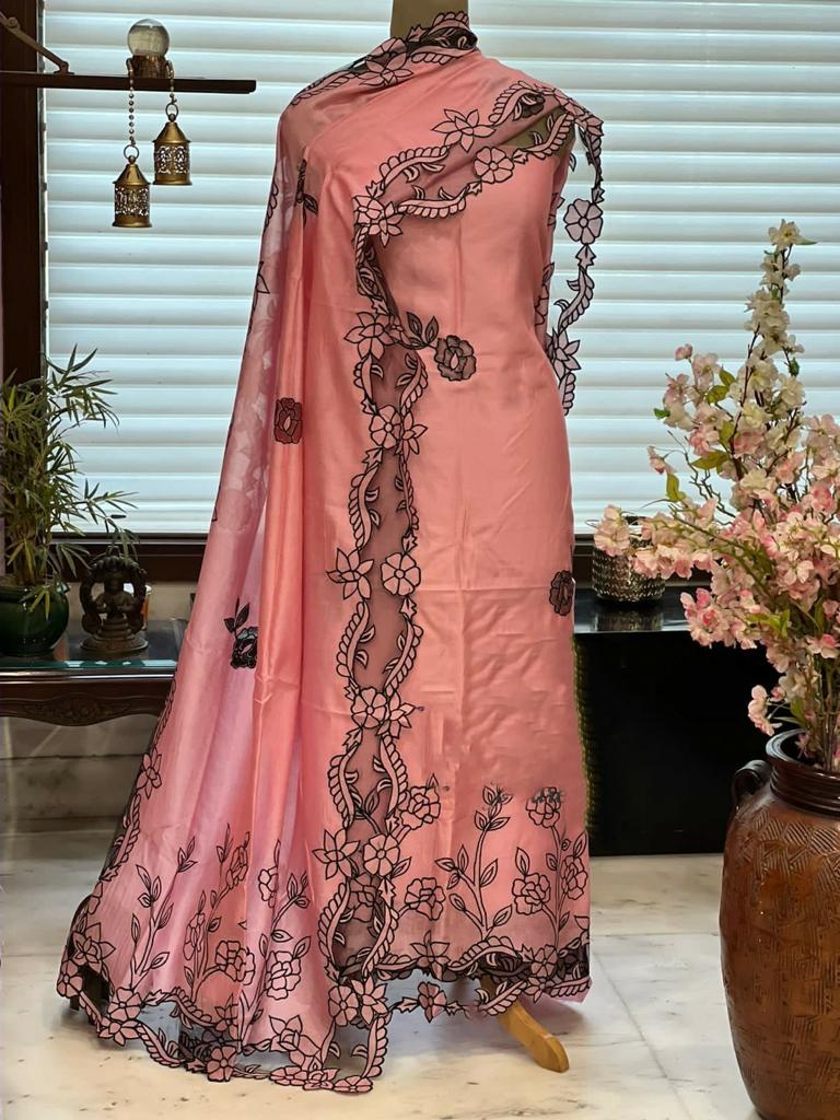 ATHARVA Hand Embroidery Salwar Kameez/Chanderi Cut-Work Shirt & Dupatta/Santoon Bottom/Custom Stitch Unstitch/Plazo/Pant/CUT8029