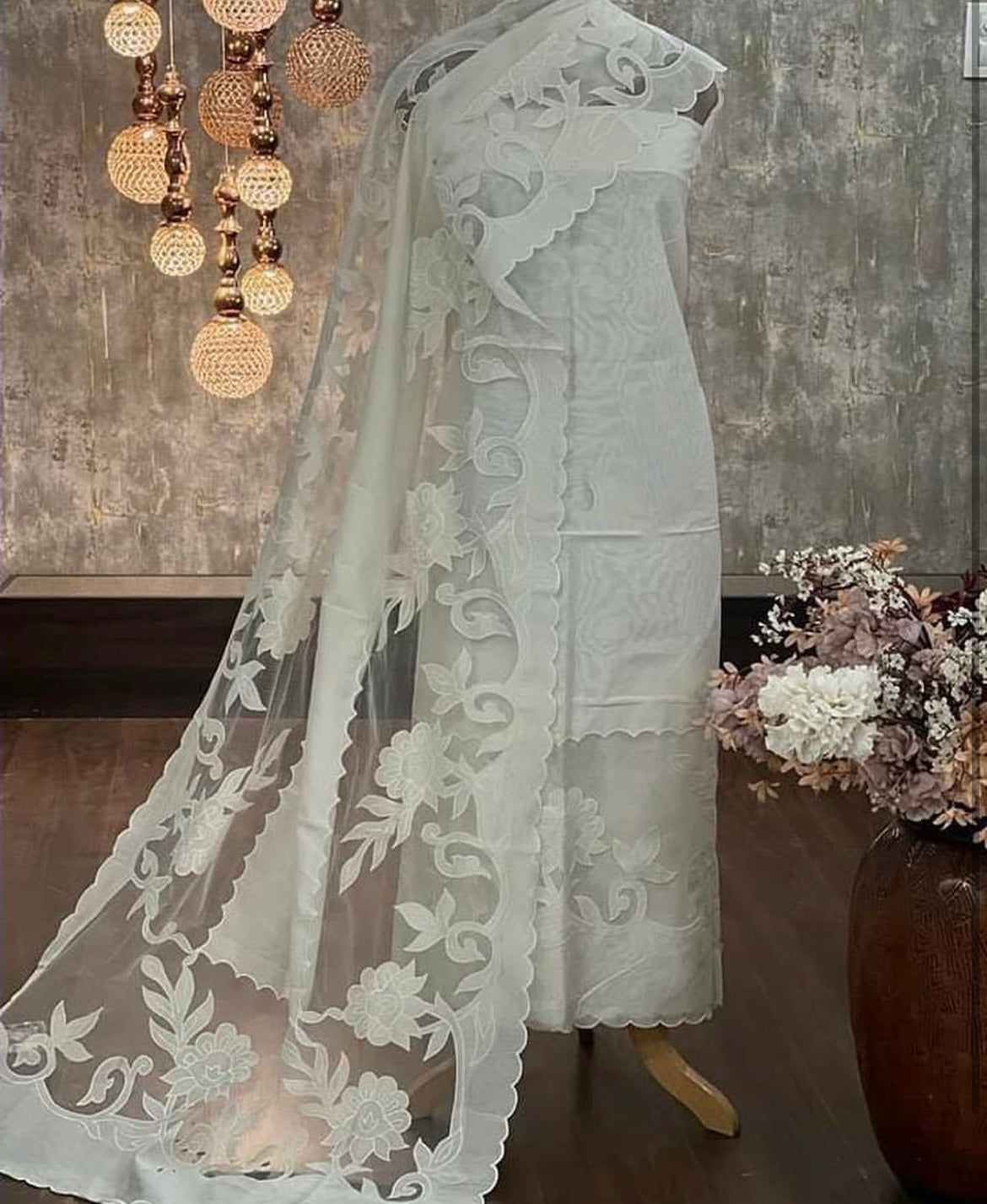 ATHARVA Cutwork Embroidery Salwar Kameez/Chanderi Cut-Work Shirt & Dupatta/Santoon Bottom/Custom Stitch Unstitch/Plazo/Pant/CUT81062 white