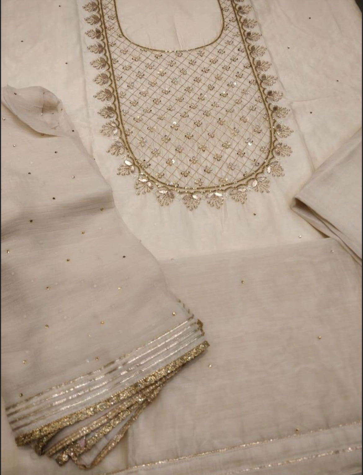 Atharva Embroidered Salwar Kameez w/Beautiful Embroidered Neck in Beige Chanderi w/Chiffon Dupatta w/Stones And Gota Patti Border CH1049