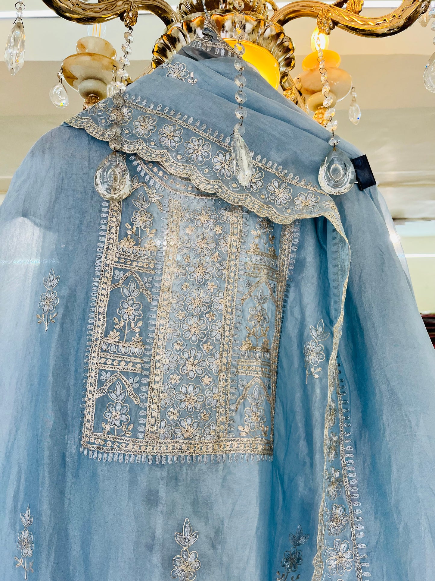 Husn ICE BLUE Handwoven TISSUE INTRICATELY HAND WOVEN /MAHARANI LUXURY TISSUE SILK SUIT MTC0025(Blue)