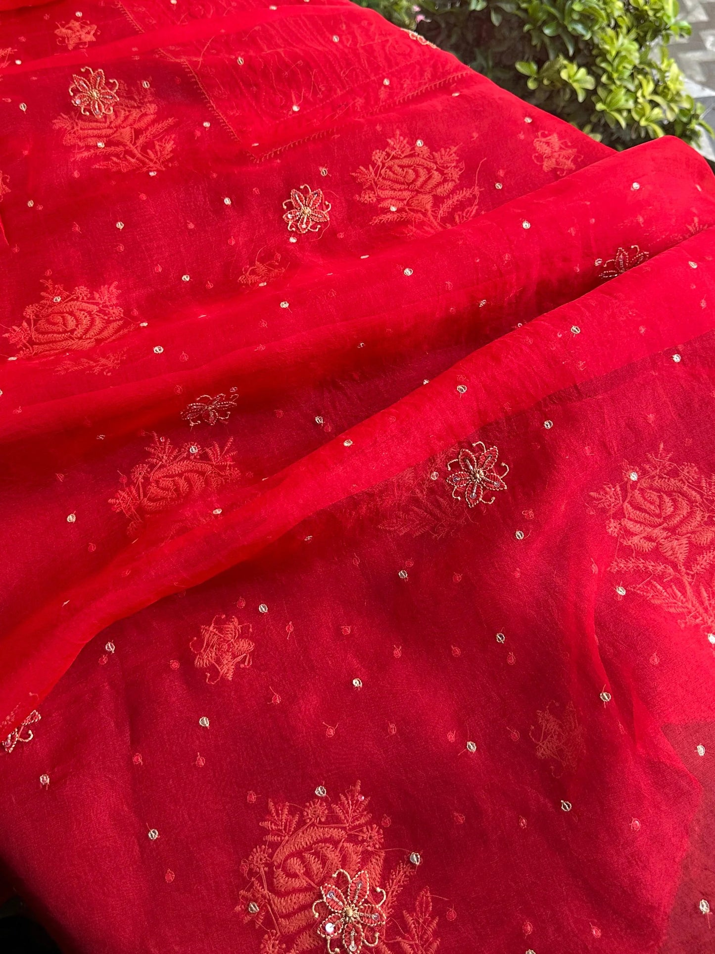 Atharva Heritage Red Noor Organza Silk Chikankari Unstitched Kurta Dupatta Set SL89000646