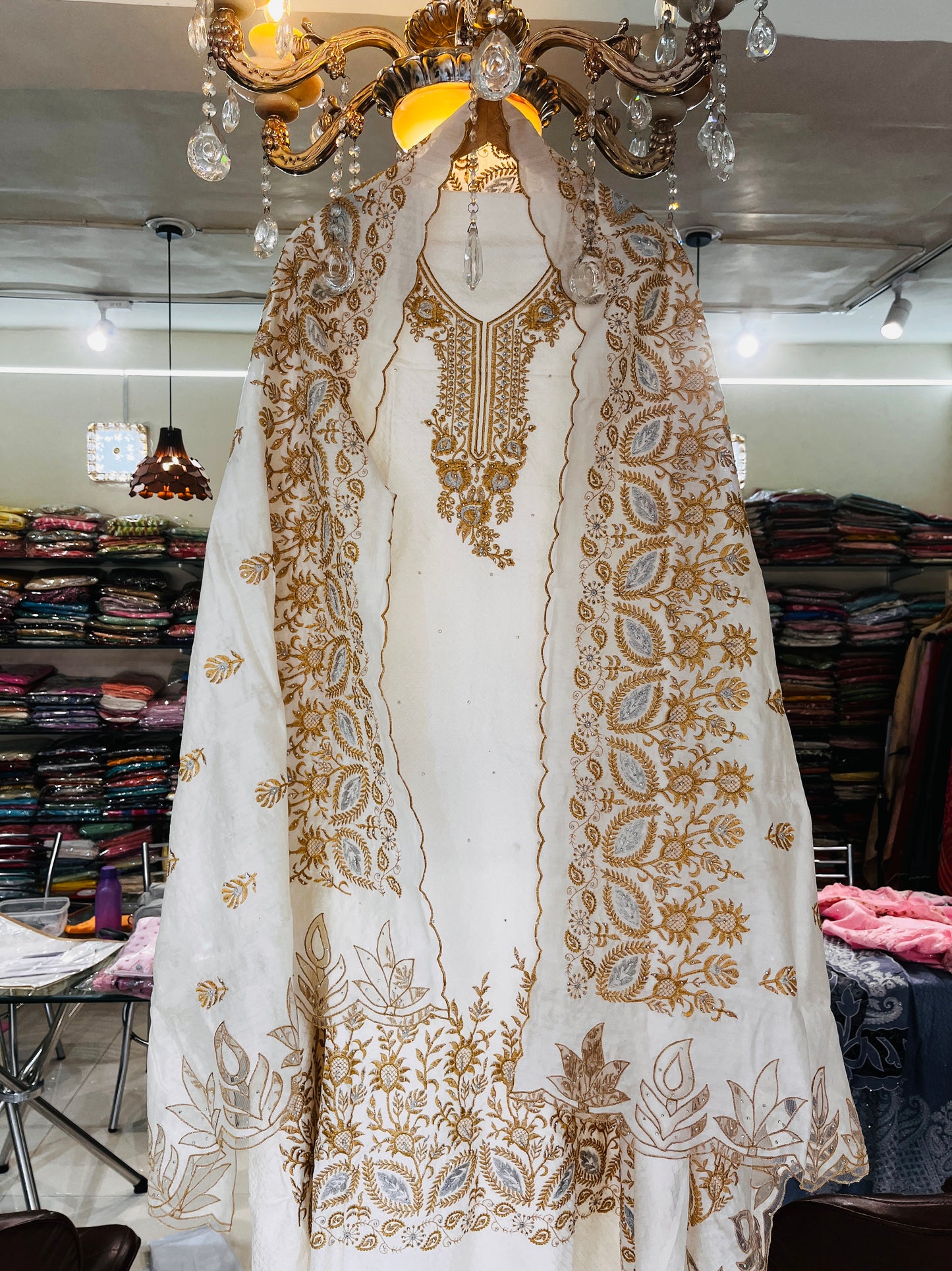 Atharva Pure Handloom CHANDERI Silk Embroidered Cutwork SUIT CH17519