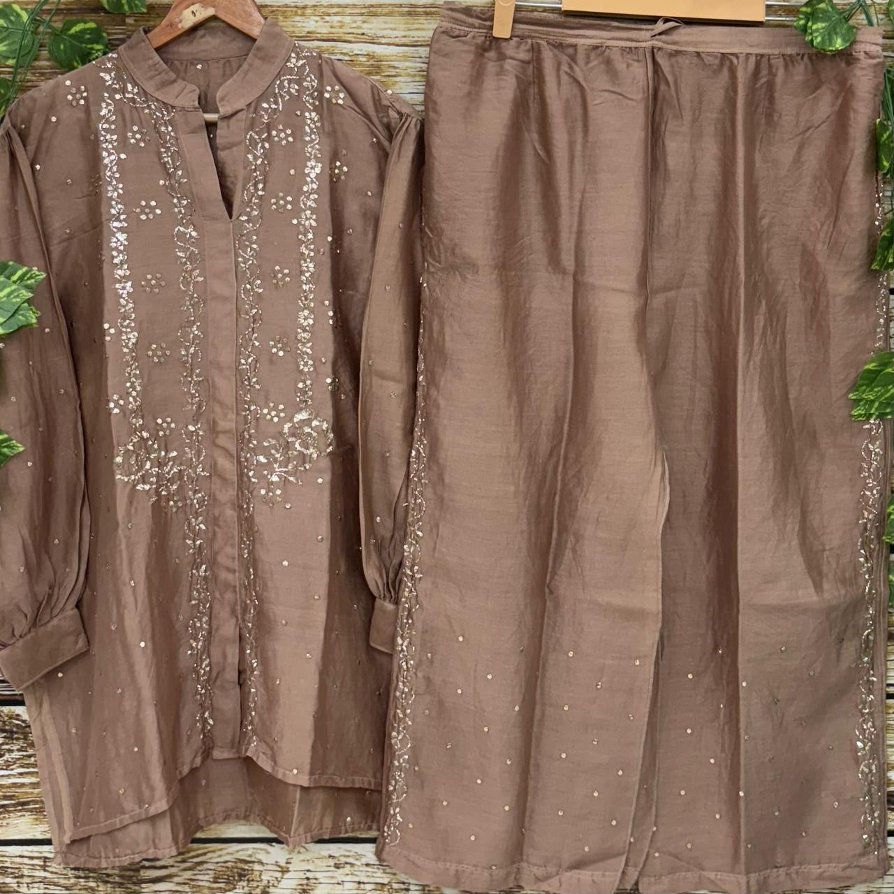 Atharva Heritage /Semi Stitched Co-ord Set/ Pure Handloom Chanderi Silk 70 Grams / Hand Embroidered Mukaish Badla Work CHM001